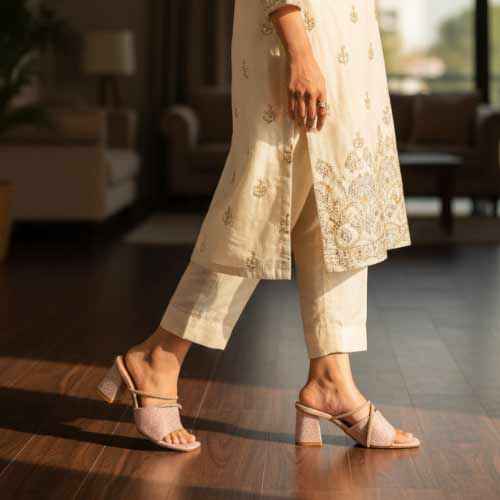wisaal.co - Premium Rose Gold Rhinestone Block Heel Slippers - Elegant Heel Collection