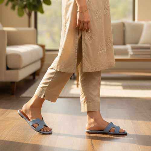 Premium Blue Denim Cutout Slippers - Elegant Flat Collection by Wisaal.co