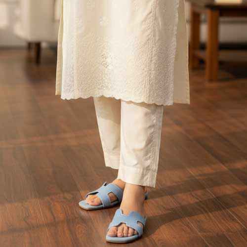 Premium Blue Denim Cutout Slippers - Elegant Flat Collection by Wisaal.co