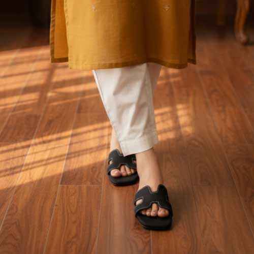 Premium Black Denim Cutout Slippers - Elegant Flat Collection by Wisaal.co