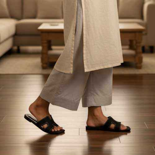 Premium Black Denim Cutout Slippers - Elegant Flat Collection by Wisaal.co
