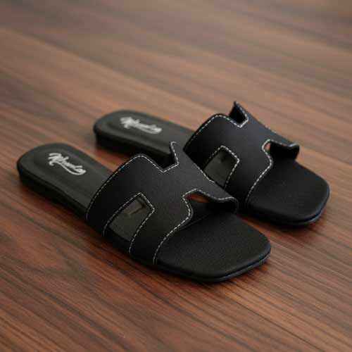 Premium Black Denim Cutout Slippers - Elegant Flat Collection by Wisaal.co