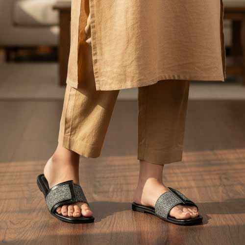 Premium Black Jute Slippers - Elegant Flat Collection by Wisaal.co