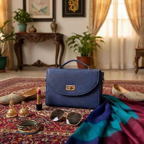 wisaal.co - Premium Blue Fabric Flap Bag - Evening Essential