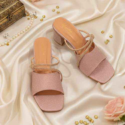 wisaal.co - Premium Rose Gold Rhinestone Block Heel Slippers - Elegant Heel Collection