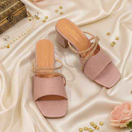 wisaal.co - Premium Rose Gold Rhinestone Block Heel Slippers - Elegant Heel Collection