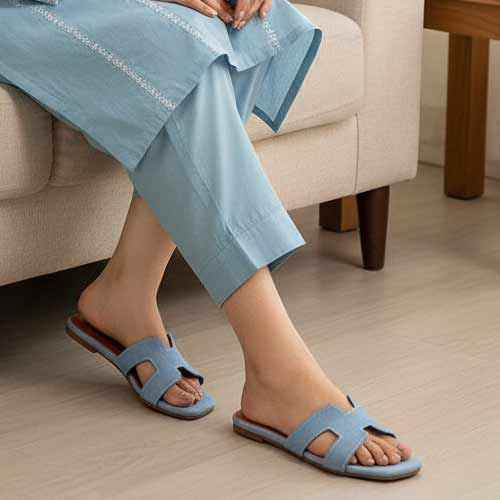 Premium Blue Denim Cutout Slippers - Elegant Flat Collection by Wisaal.co