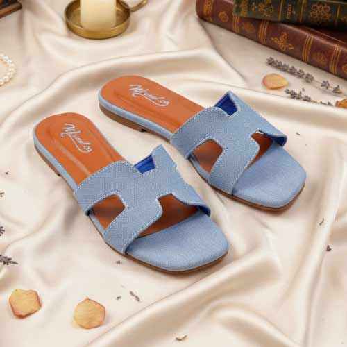 Premium Blue Denim Cutout Slippers - Elegant Flat Collection by Wisaal.co