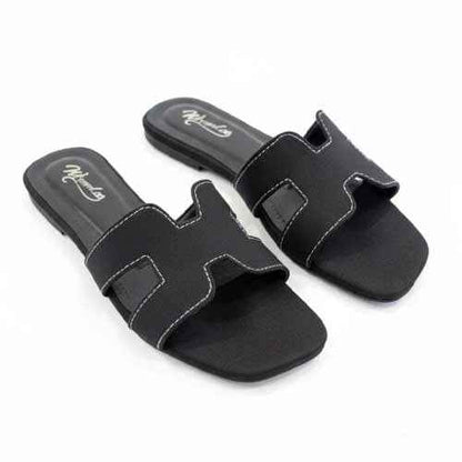 Premium Black Denim Cutout Slippers - Elegant Flat Collection by Wisaal.co