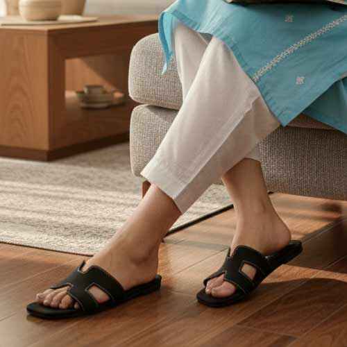 Premium Black Denim Cutout Slippers - Elegant Flat Collection by Wisaal.co