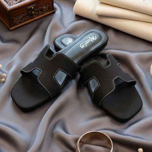 Premium Black Denim Cutout Slippers - Elegant Flat Collection by Wisaal.co