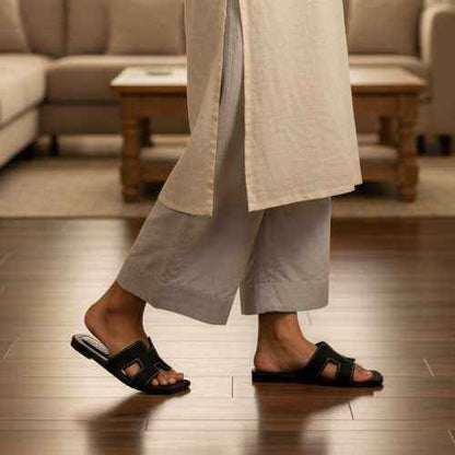 Premium Black Denim Cutout Slippers - Elegant Flat Collection by Wisaal.co