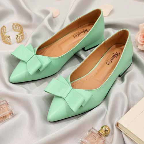 wisaal.co - Premium Mint Green Bow Pointed Toe Flats - Elegant Flat Collection