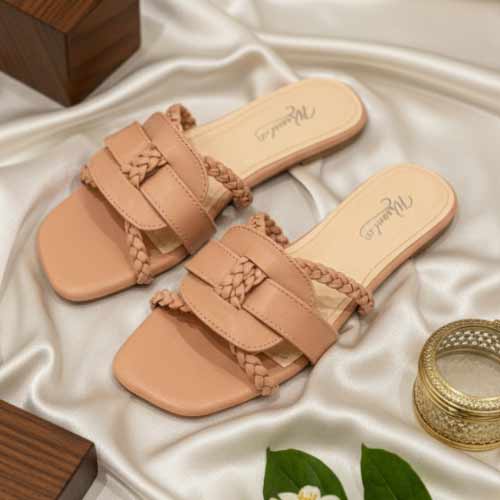 wisaal.co - Premium Nude Braided Flat Sandals - Elegant Flat Collection