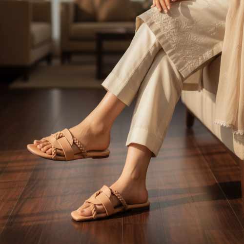 wisaal.co - Premium Nude Braided Flat Sandals - Elegant Flat Collection