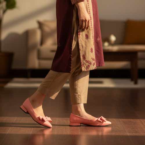 wisaal.co - Premium Coral Pink Bow Pointed Toe Flats - Elegant Flat Collection