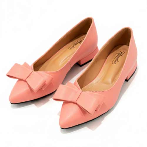 wisaal.co - Premium Coral Pink Bow Pointed Toe Flats - Elegant Flat Collection