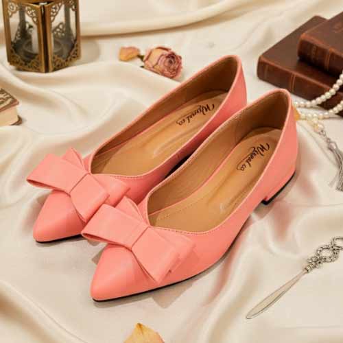 wisaal.co - Premium Coral Pink Bow Pointed Toe Flats - Elegant Flat Collection