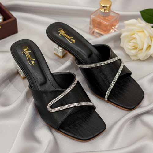 wisaal.co - Premium Black Rhinestone Block Heel Sandals - Elegant Heel Collection