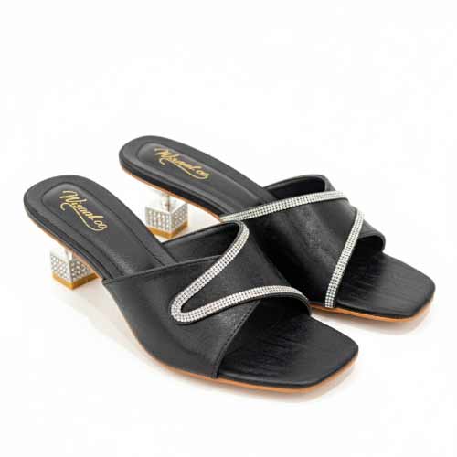 wisaal.co - Premium Black Rhinestone Block Heel Sandals - Elegant Heel Collection