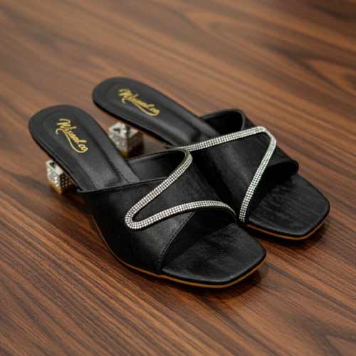 wisaal.co - Premium Black Rhinestone Block Heel Sandals - Elegant Heel Collection