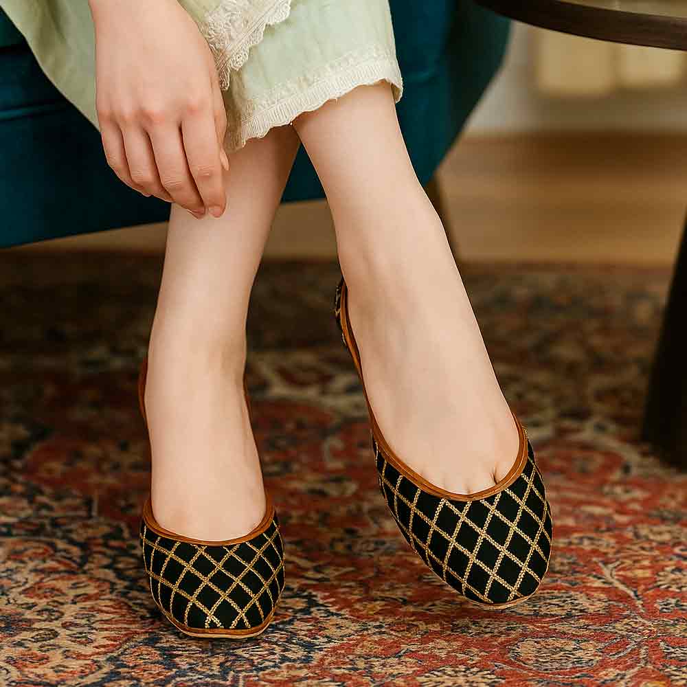Black gold embroidered Pakistani traditional women's shoes