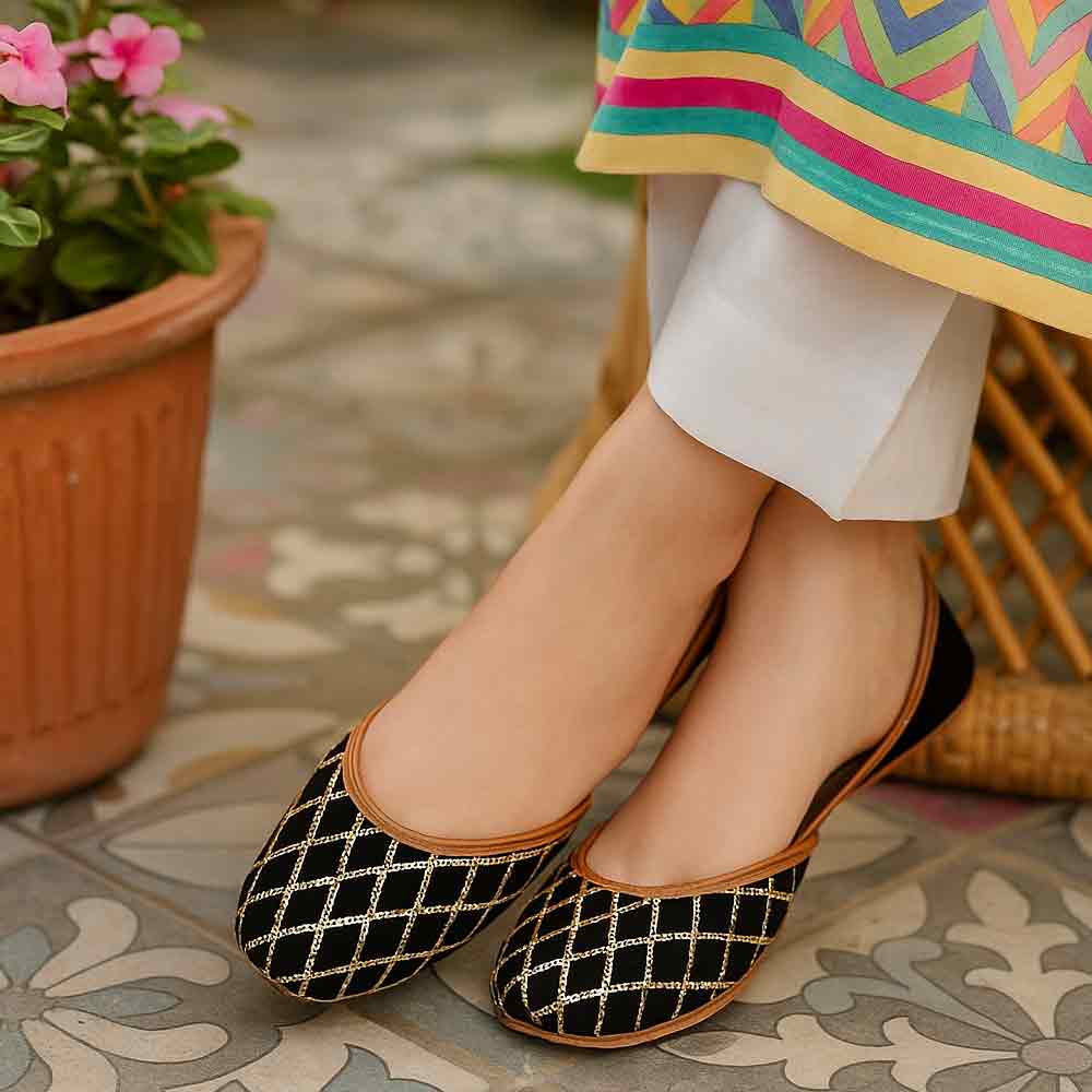 Black gold embroidered Pakistani traditional women's shoes