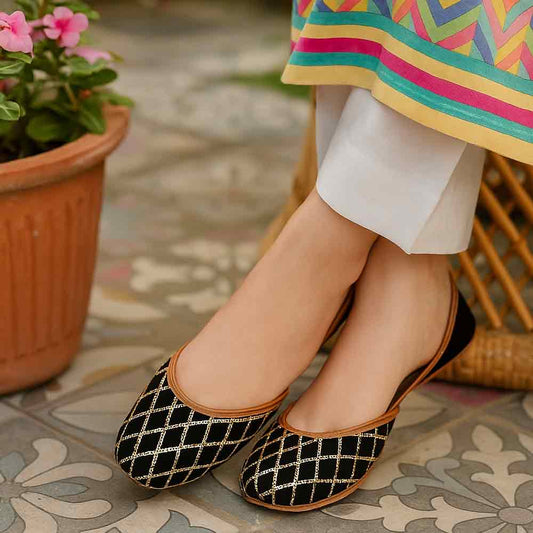 Black gold embroidered Pakistani traditional women's shoes