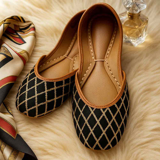Black gold embroidered Pakistani traditional women's shoes