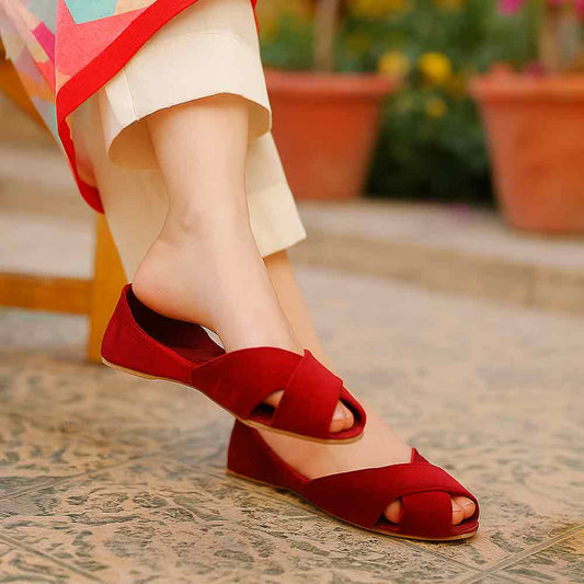 Maroon Peep Toe Flats - Elegant Women's Shoes - wisaal.co