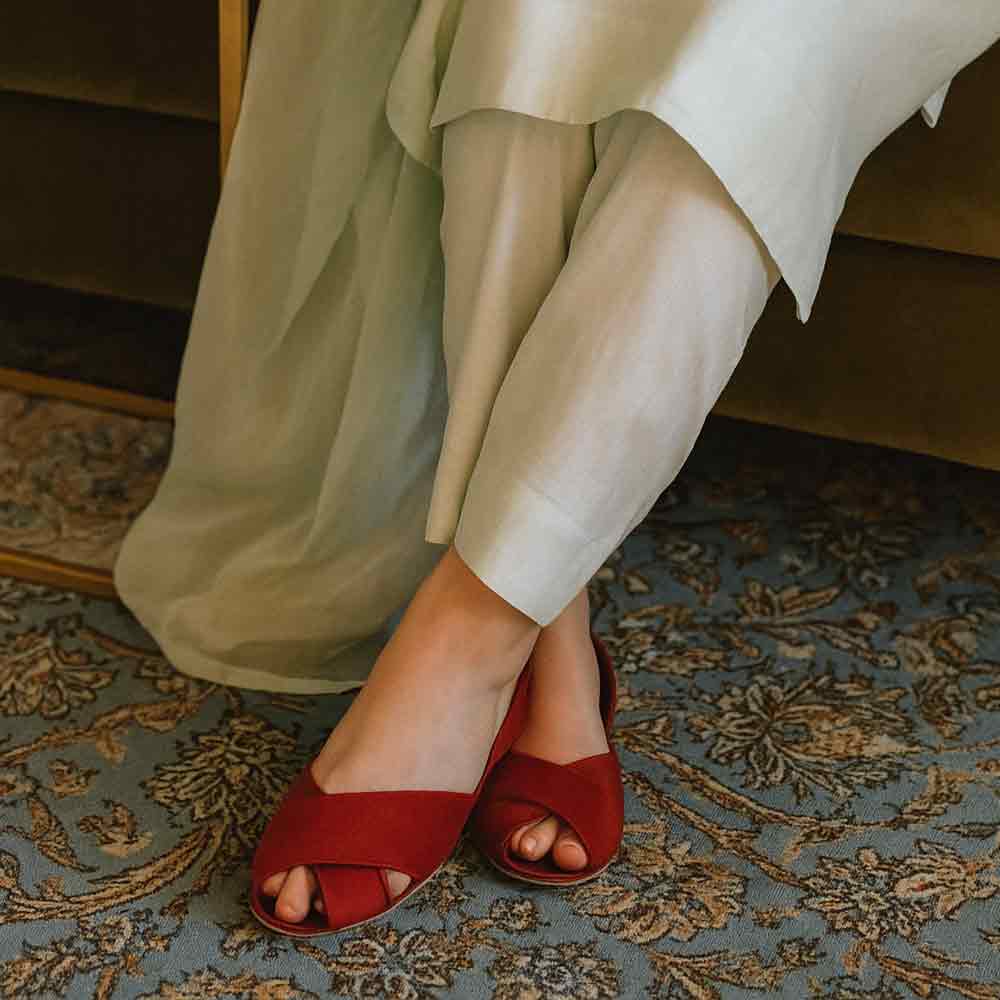 Maroon Peep Toe Flats - Elegant Women's Shoes - wisaal.co