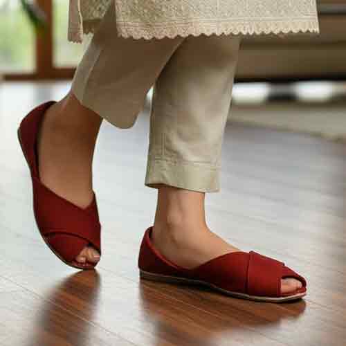 Maroon Peep Toe Flats - Elegant Women's Shoes - wisaal.co