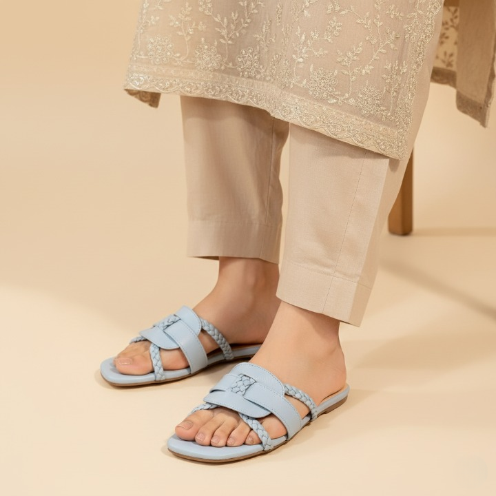 Elegant Sukoon Slides Light Blue Braided Flats Collection - Wisaal.co