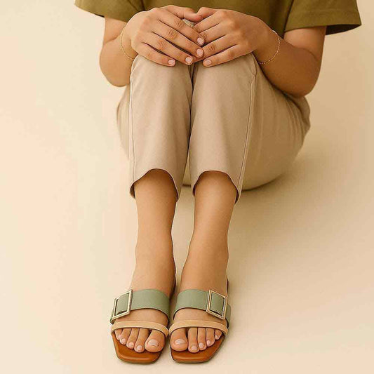 Close-up of green Contrast Curve flats displaying premium material and artistic curves