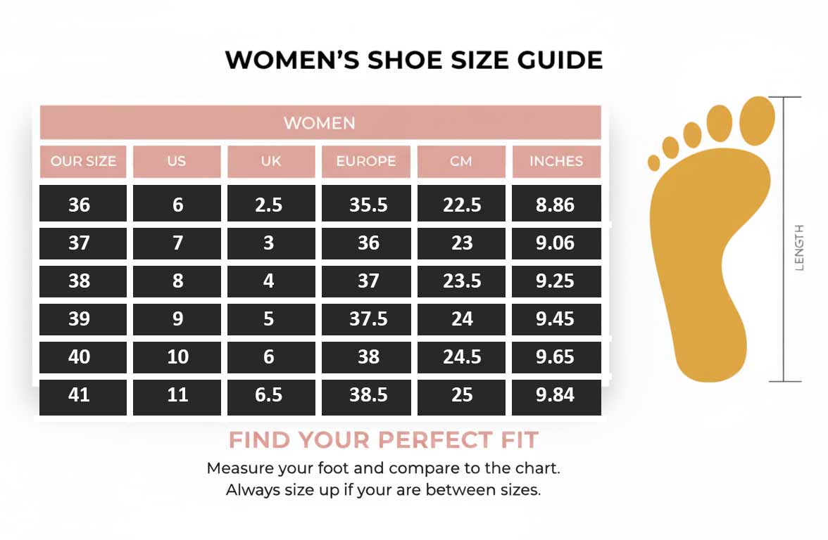 Women's shoe size guide with measurements in multiple units
