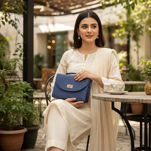 wisaal.co - Premium Blue Fabric Flap Bag - Evening Essential
